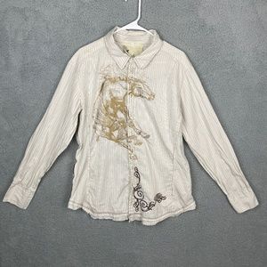 JOHNNY WAS 3J Workshop Button Up Shirt Mens L Embroidered Mustang Horse -FLAW
